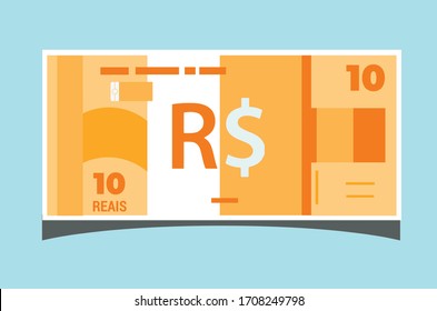 SK: 10 Brazilian Real Banknotes money vector icon logo illustration and design. Brazil currency, business, payment and finance element. Can be used for web, mobile, infographic, and print.