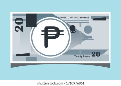 SK: 20 Philippine Peso Banknotes paper money vector icon logo illustration and design. Philippine business, payment and finance element. Can be used for web, mobile, infographic, and print.