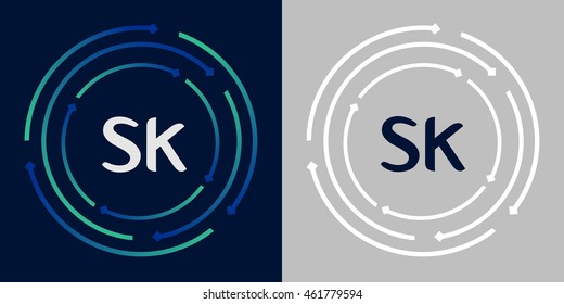 SK design template elements in abstract background logo, design identity in circle, letters business logo icon, blue/green alphabet letters, simplicity graphics
