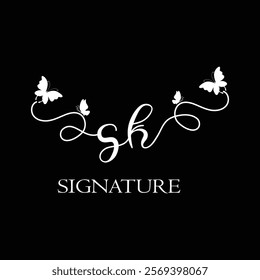 SK  Handwritten initial letter, SK simple signature vector logo with butterfly shape variation, beauty, photography letter logo design. S K