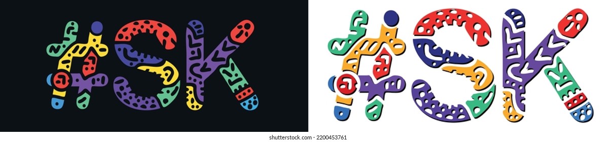 SK Hashtag. Multicolored bright isolate curves doodle letters. Hashtag #SK is abbreviation for the Canadian Saskatchewan. Set for social network, web resources, mobile apps.