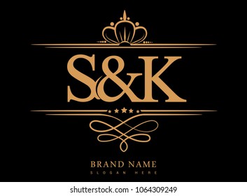 S&K Initial logo, Ampersand initial logo gold with crown and classic pattern