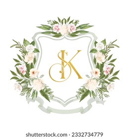  SK, KS initial wedding crest logo monogram. Wedding crest with eucalyptus leaves, pink, cream and white flowers.