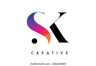 SK Letter Design with Creative Cut and Colorful Rainbow Texture. SK Letter Icon Vector Logo with Serif Font and Minimalist Style.