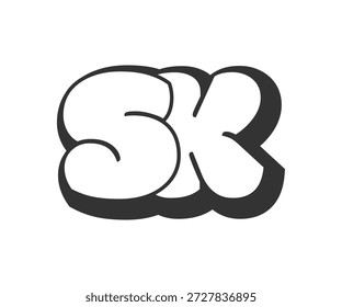 SK logo, bubble comic lettering, rounded in graffiti style black and white silhouette. Trendy preschool S and K letter text for festival party, personal initials, children funky print and web. Vector illustration.