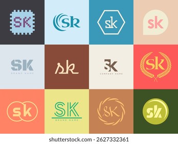 SK logo company template. Letter s and k logotype. Set different classic serif lettering and modern bold text with design elements. Initial font typography. Collection trendy business identity.
