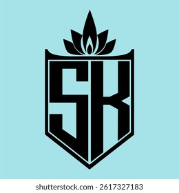 SK Logo featuring a minimalist design with a crown-like flower symbol on top, bold black elements, and a soft blue background, perfect for branding and modern visual identity.