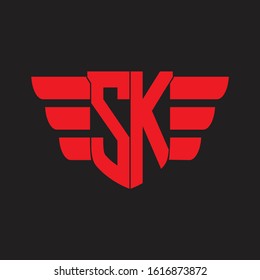 SK Logo monogram with emblem and wings element design template on red colors