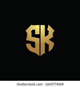 Monograma del logotipo SK con colores dorados y plantilla de diseño de forma de escudo