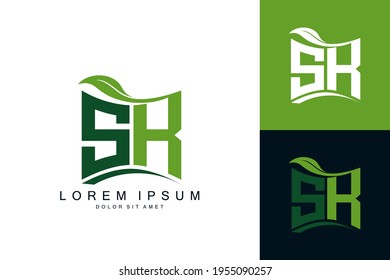 Monograma del logotipo de SK con naturaleza de hoja verde biología orgánica curva forma de diseño de vector premium