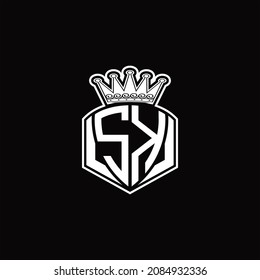Monograma del logotipo SK con forma de emblema de lujo y plantilla de diseño de corona sobre fondo negro
