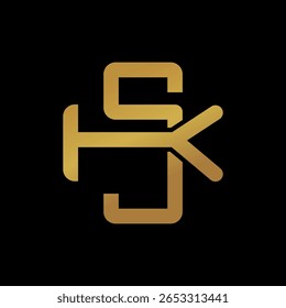 SK monogram logo in gold on black background with geometric symmetry. Perfect for luxury branding, corporate identity, and premium business logos.
