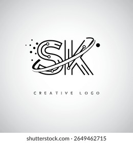 SK Orbit Monogram Logo - Futuristic Minimal Letter mark with Circular Line Art, Tech-Inspired Dots and Space Motion Concept for Modern Branding Identity (Logotipo Monográfico da Órbita SK - Marca de Letra Mínima Futurista com Linha de Arte Circular, Pontos Inspirados na Tecnologia e Conceito de Movimento Espacial para Identidade de Marca Moderna)