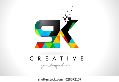 Logotipo de la letra de SK S K con la Ilustración vectorial viva colorida del diseño de la textura de los triángulos.