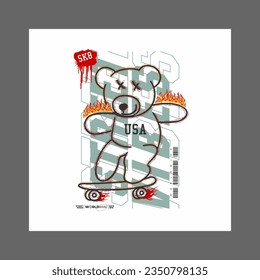 sk8 with cute teddy bear doll  illustration in graffiti style, for streetwear and urban style t-shirt designs, hoodies, etc