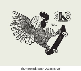 SK8. Rooster skateboarding. Vintage minimalistic typography skateboarding vector illustration t-shirt print.