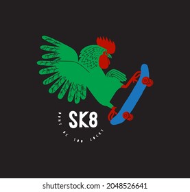 SK8 rooster skateboarding vintage typography t-shirt print. Bird vintage symbol simple character vector illustration.