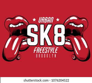 SK8. Vector placard with hand drawn surreal illustration of open mouth with skate. Creative colorful sketch. Template for card, poster, banner, print for t-shirt, pin, badge and patch. 