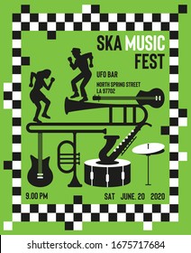 Diseño de afiches del festival de música Ska. Invitación al festival de música. Plantilla de diseño vectorial con lugar para el texto. Fondo musical Ska. Icono de música Ska conjunto ilustración vectorial