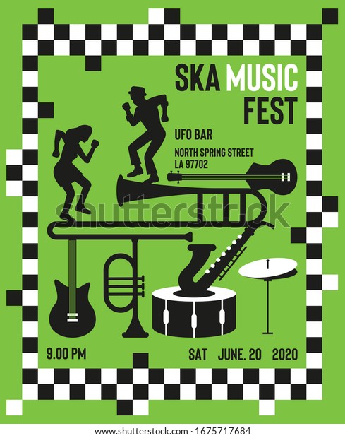 Ska\
music festival poster design. Invitation for music festival. Vector\
design template with place for your text. Ska music instrument\
background. Ska music icon set vector\
illustration