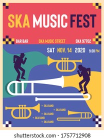 Afiche del festival de música Ska y diseño de volante. Invitación al festival de música. Plantilla de diseño de vectores con lugar para el texto. Ilustración del vector