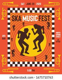 Diseño de póster vintage del festival de música Ska. Invitación al festival de música. Plantilla de diseño vectorial con lugar para el texto. Fondo musical Ska. Ilustración vectorial de conjunto de música Ska