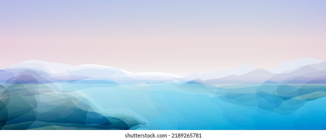 Parque nacional Skaftafall. Lago de montaña. Panorama, vistas a la montaña. Pintoresco paisaje abstracto. Fondo vectorial mínimo, adecuado para folletos, web, folletos, volantes.