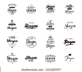 Skagen. Greeting cards, vector design. Isolated logos. Typography set.