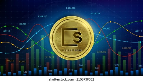 SKALE Network (SKL) coin cryptocurrency blockchain Future digital currency replacement technology alternative currency, Silver golden stock chart, numbers up down in background. 3D Vector illustration