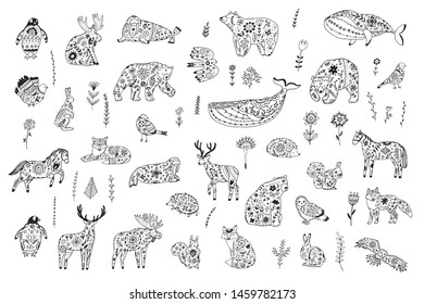 Skandinavian folk animals hand drawn illustrations set