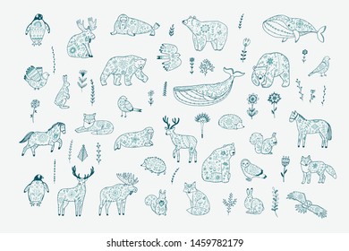 Skandinavian folk animals hand drawn illustrations set