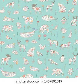Skandinavian folk animals hand drawn illustrations seamless line pattern