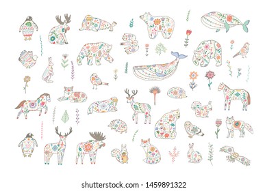 Skandinavian folk animals hand drawn illustrations set