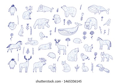 Skandinavian folk animals hand drawn illustrations set