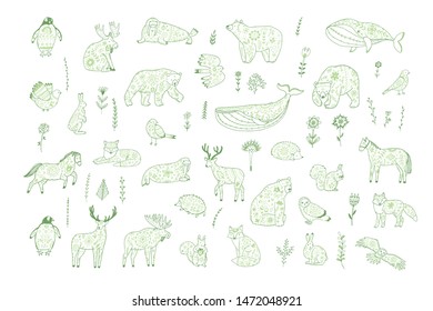 Skandinavian folk animals hand drawn illustrations set