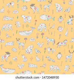 Skandinavian folk animals hand drawn illustrations seamless line pattern