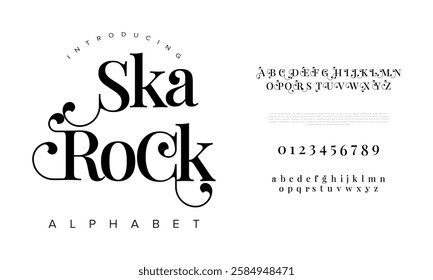 Skarock typography beauty fashion elegant minimalist serif italic fonts decorative wedding vintage retro logos. Minimal luxury font alphabet logo. Vector illustration