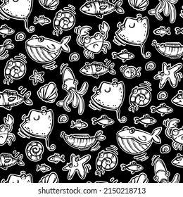 SKAT FRIENDS MONOCHROME Nautical Themed Monochrome Hand Drawn Cartoon Travel Seamless Pattern Underwater Animals Vector Illustration Print On Fabric And Paper