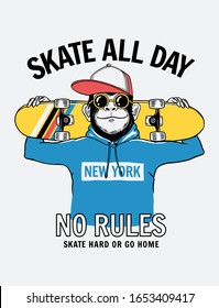 Skate all day slogan text with the cool skater monkey illustration. For t-shirt prints, posters and other uses.