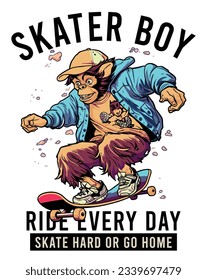 Skate all day slogan text with the cool skater monkey illustration. For t-shirt prints, posters and other uses