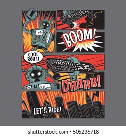 Skate board freestyle robot comic typography, t-shirt graphics, vectors