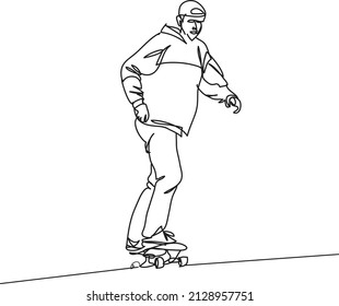 Vector de dibujo de la línea del tablero de patines, hombre juega a la patineta.