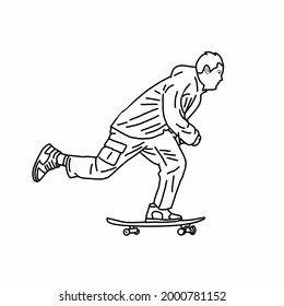 El jugador de skate board en negro es saltador y elegante. vector simple. línea de arte. material para camisetas, pegatinas, etc. 