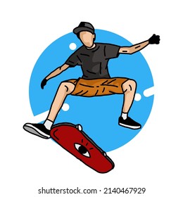 El jugador de skate board en negro es saltador y elegante. vector simple. línea de arte. material para camisetas, pegatinas, etc. 