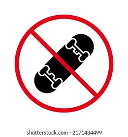 Skate Board Prohibited. Skateboard Ban Black Silhouette Icon. No Allowed Skating Sign. Forbidden Skater Equipment Deck Wheel Pictogram. Skateboarding Stop Symbol. Isolated Vector Illustration.