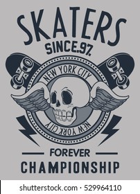 Skate board and skull vector design for tee