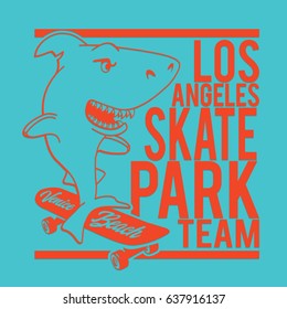 Skate board sport and shark illustration, tee shirt graphics, vectors, typography