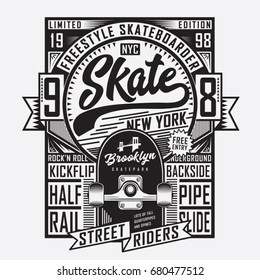 Skate board sport typography, tee shirt graphics, vectors