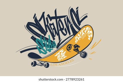 Skate board typography, t-shirt graphics, skateboard urban graffiti typography, skate graffiti art, grunge paint element, hand-drawn rider slogan, street art tees, eps