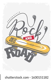 Skate board urban style t shirt graphic isolated on white background. Rock and road musical tee shirt playful print layout with earphone and skating. Vector illustration.
